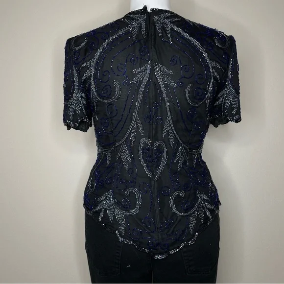 Vintage Stenay Black and Blue Beaded Silk Blouse - Picture 2 of 8